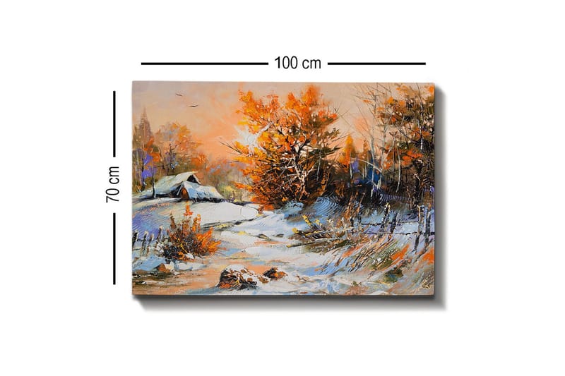 Canvastavla - Höstlandskap med ett ensamt hus och färgglada träd - Orange / Vit / Blå - Inredning - Tavlor & konst - Canvastavlor