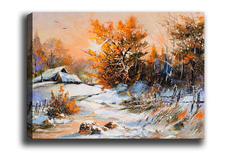 Canvastavla - Höstlandskap med ett ensamt hus och färgglada träd, Orange / Vit / Blå