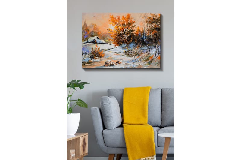 Canvastavla - Höstlandskap med ett ensamt hus och färgglada träd - Orange / Vit / Blå - Inredning - Tavlor & konst - Canvastavlor