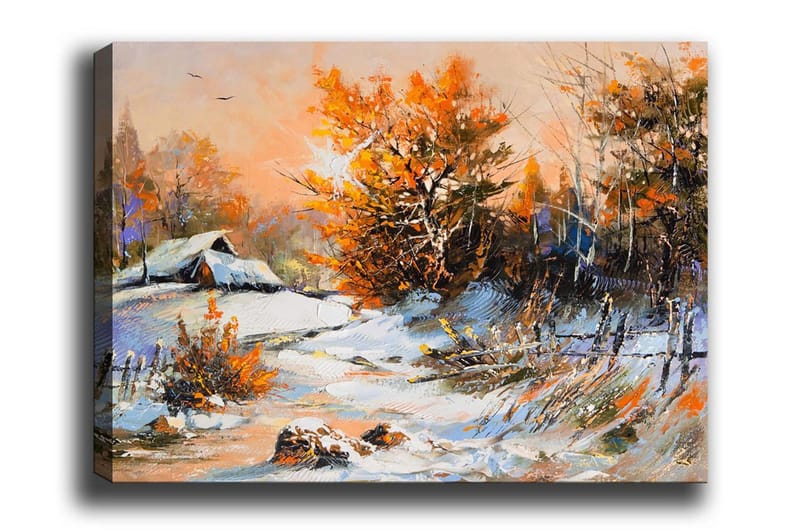 Canvastavla - Höstlandskap med ett ensamt hus och färgglada träd, Orange / Vit / Blå