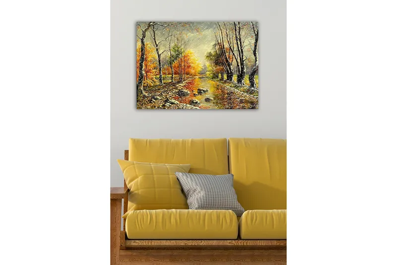 Canvastavla - Höstlandskap med färgglada träd och en spegelblanka flod - Orange / Grön / Brun - Inredning - Tavlor & konst - Canvastavlor
