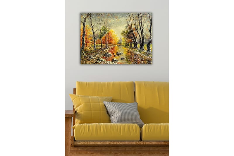 Canvastavla - Höstlandskap med färgglada träd och en spegelblanka flod - Orange / Grön / Brun - Inredning - Tavlor & konst - Canvastavlor