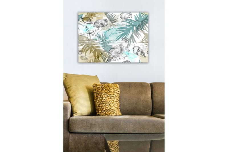 Canvastavla - Havsmotiv med snäckor och palmblad - Blå / Beige / Grön - Inredning - Tavlor & konst - Canvastavlor