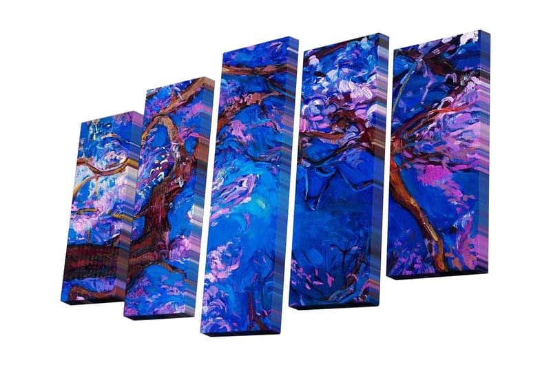 Canvastavla i 5 delar 82x50 cm - Abstrakt komposition med blommor och trädgrenar - Mörkblå / Lila / Brun - Inredning - Tavlor & konst - Canvastavlor