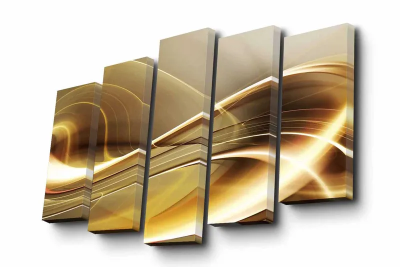 Canvastavla i 5 delar 82x50 cm - Abstrakt komposition med gyllene och ljusa linjer - Guld / Beige / Vit - Inredning - Tavlor & konst - Canvastavlor