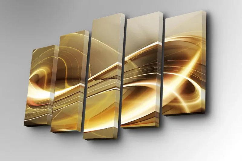 Canvastavla i 5 delar 82x50 cm - Abstrakt komposition med gyllene och ljusa linjer - Guld / Beige / Vit - Inredning - Tavlor & konst - Canvastavlor