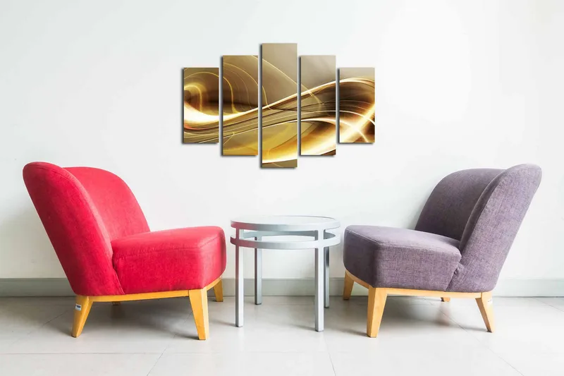 Canvastavla i 5 delar 82x50 cm - Abstrakt komposition med gyllene och ljusa linjer - Guld / Beige / Vit - Inredning - Tavlor & konst - Canvastavlor
