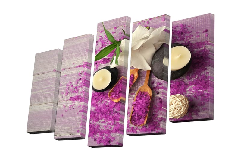 Canvastavla i 5 delar 82x50 cm - Avkopplande arrangemang med ljus, stenar och blommor - Lila / Vit / Svart - Inredning - Tavlor & konst - Canvastavlor