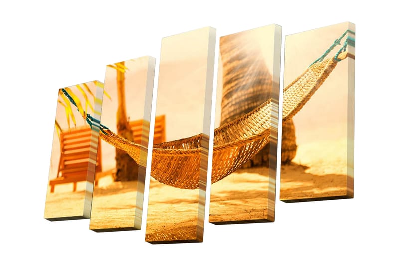 Canvastavla i 5 delar 82x50 cm - Avkopplande hängmatta under palmer i soligt landskap - Guld / Brun / Grön - Inredning - Tavlor & konst - Canvastavlor