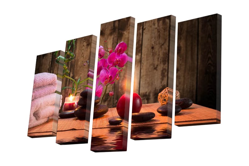 Canvastavla i 5 delar 82x50 cm - Avkopplande stillhet med orkidéer och stenar - Rosa / Svart / Grön - Inredning - Tavlor & konst - Canvastavlor