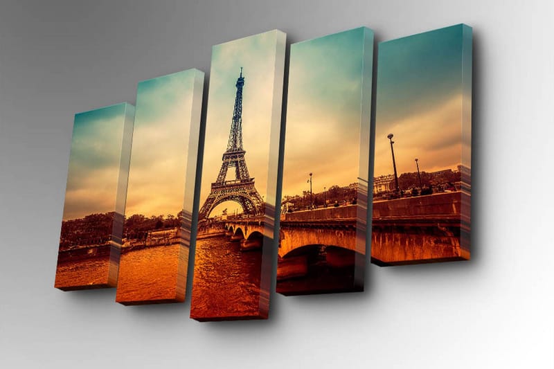 Canvastavla i 5 delar 82x50 cm - Eiffeltornet i en romantisk stadsbild vid solnedgången - Orange / Blå / Beige - Inredning - Tavlor & konst - Canvastavlor