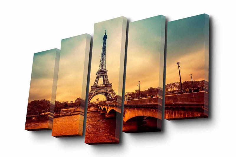 Canvastavla i 5 delar 82x50 cm - Eiffeltornet i en romantisk stadsbild vid solnedgången - Orange / Blå / Beige - Inredning - Tavlor & konst - Canvastavlor