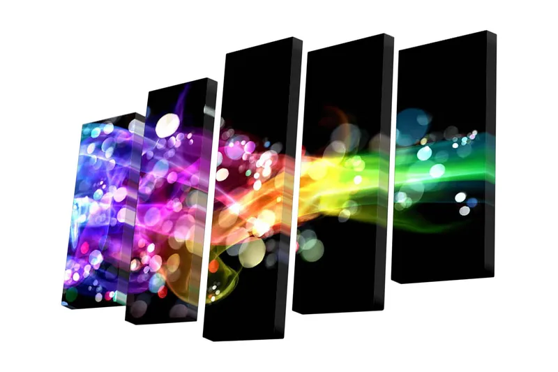 Canvastavla i 5 delar 82x50 cm - Färgglad abstrakt komposition med ljusa svallande linjer - Lila / Grön / Gul - Inredning - Tavlor & konst - Canvastavlor