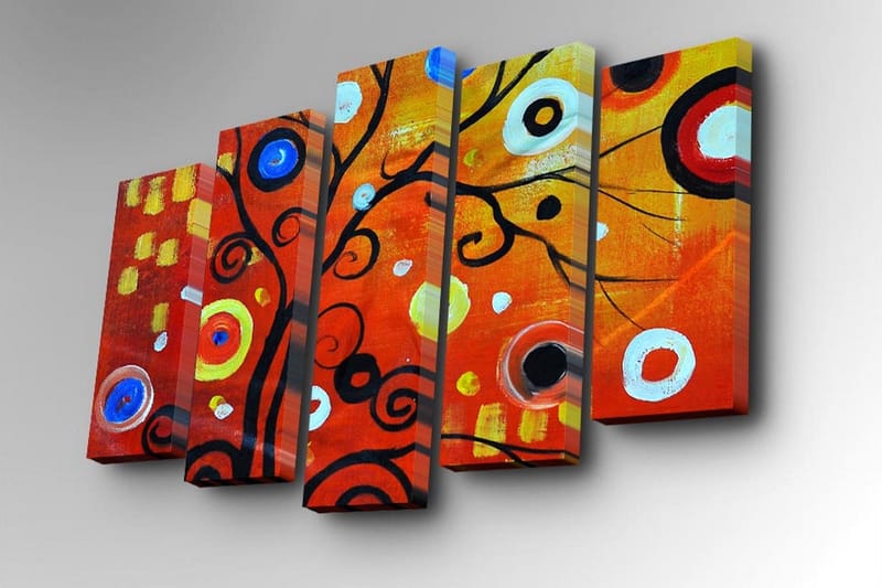 Canvastavla i 5 delar 82x50 cm - Färgglad abstrakt komposition med svarta spiraler och cirklar - Röd / Svart / Vit - Inredning - Tavlor & konst - Canvastavlor