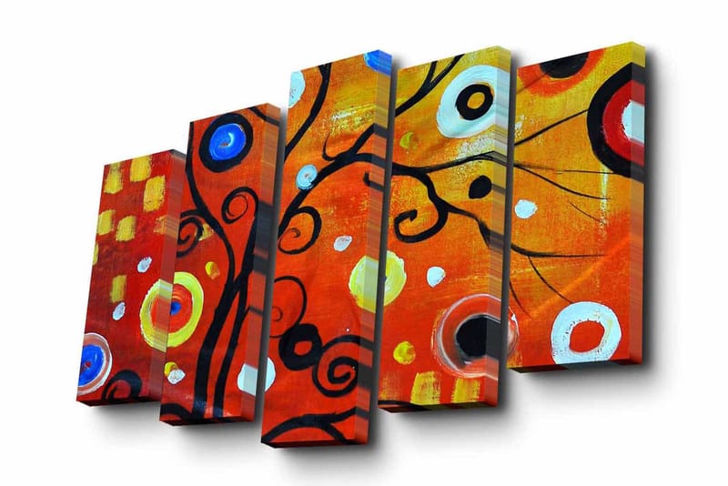 Canvastavla i 5 delar 82x50 cm - Färgglad abstrakt komposition med svarta spiraler och cirklar - Röd / Svart / Vit - Inredning - Tavlor & konst - Canvastavlor