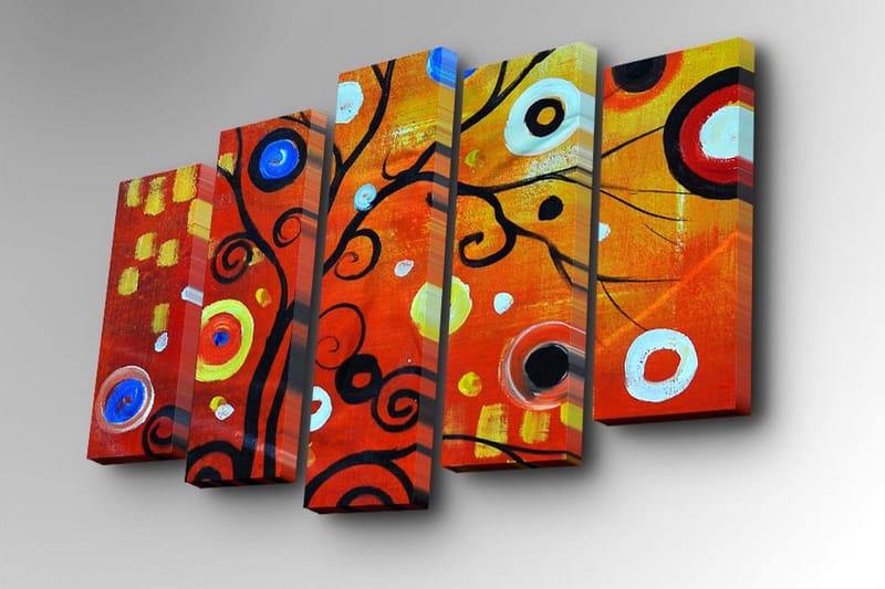 Canvastavla i 5 delar 82x50 cm - Färgglad abstrakt komposition med svarta spiraler och cirklar - Röd / Svart / Vit - Inredning - Tavlor & konst - Canvastavlor