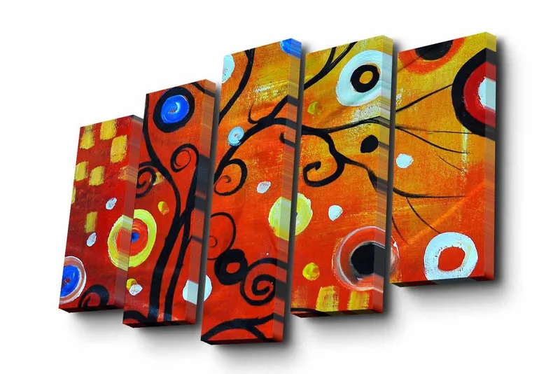 Canvastavla i 5 delar 82x50 cm - Färgglad abstrakt komposition med svarta spiraler och cirklar - Röd / Svart / Vit - Inredning - Tavlor & konst - Canvastavlor