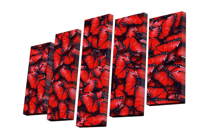 Canvastavla i 5 delar 82x50 cm - Färgglad samling av fjärilar i röd nyans - Röd / Svart - Inredning - Tavlor & konst - Canvastavlor