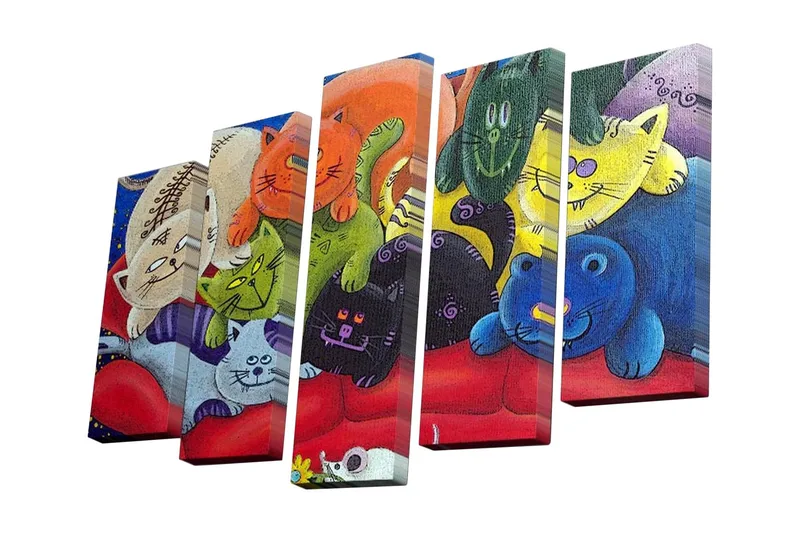 Canvastavla i 5 delar 82x50 cm - Färgglad samling av lekfulla katter som ligger på en röd soffa - Röd / Grön / Gul - Inredning - Tavlor & konst - Canvastavlor
