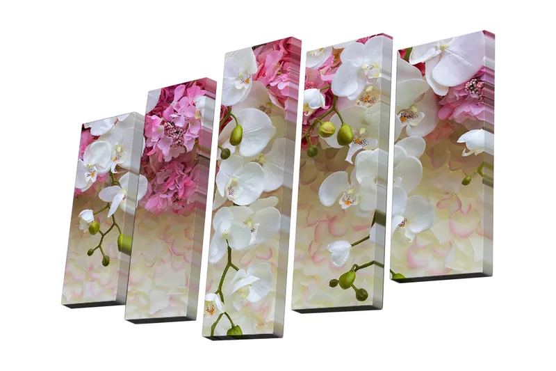 Canvastavla i 5 delar 82x50 cm - Färgrik bukett av orkidéer och blommor - Vit / Rosa / Grön - Inredning - Tavlor & konst - Canvastavlor