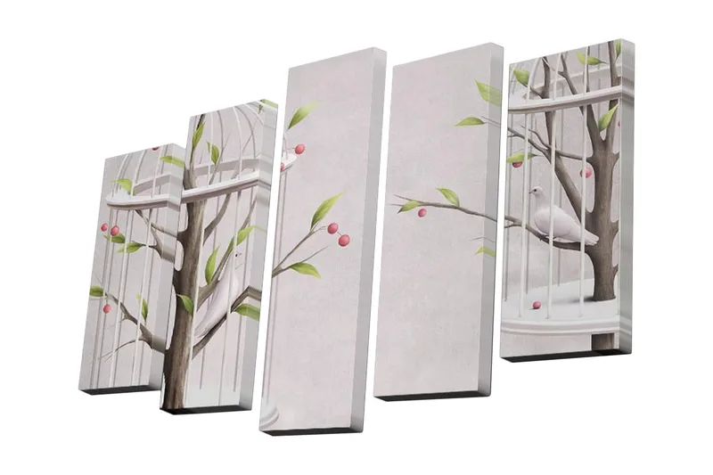 Canvastavla i 5 delar 82x50 cm - Fåglar i en bur omgivna av grenar och bär - Grön / Rosa / Brun - Inredning - Tavlor & konst - Canvastavlor