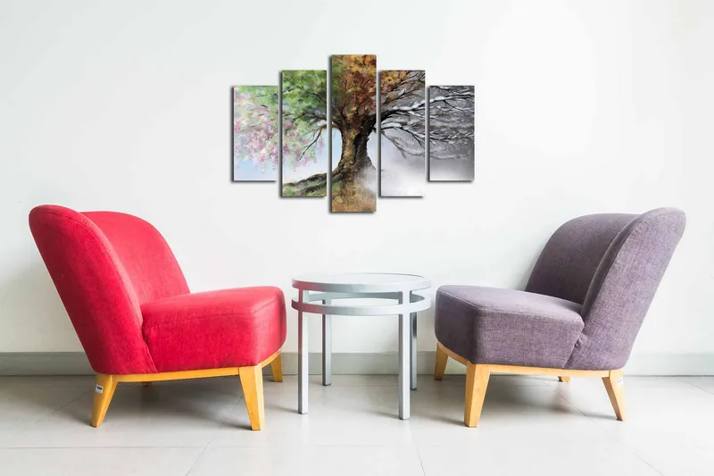 Canvastavla i 5 delar 82x50 cm - Fyrdelad tavla med ett träd som skiftar mellan årstiderna - Grön / Brun / Vit - Inredning - Tavlor & konst - Canvastavlor