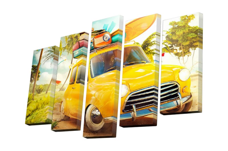 Canvastavla i 5 delar 82x50 cm - Gul bil med resväskor på taket i en tropisk miljö - Gul / Grön / Blå - Inredning - Tavlor & konst - Canvastavlor