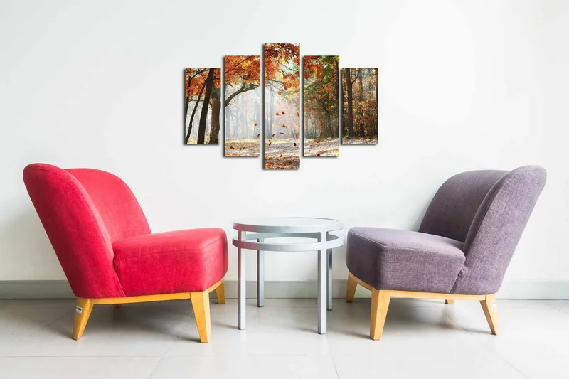 Canvastavla i 5 delar 82x50 cm - Höstlandskap med färgglada träd och fallande löv - Orange / Grön / Brun - Inredning - Tavlor & konst - Canvastavlor