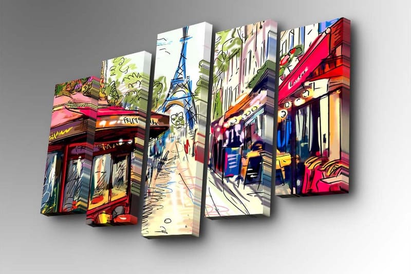 Canvastavla i 5 delar 82x50 cm - Livlig stadsbild med Eiffeltornet i bakgrunden - Röd / Grön / Blå - Inredning - Tavlor & konst - Canvastavlor