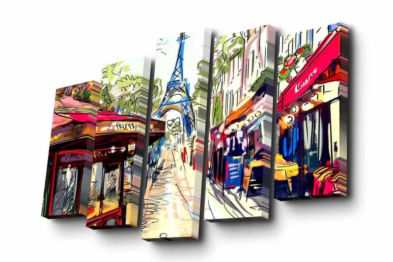 Canvastavla i 5 delar 82x50 cm - Livlig stadsbild med Eiffeltornet i bakgrunden - Röd / Grön / Blå - Inredning - Tavlor & konst - Canvastavlor
