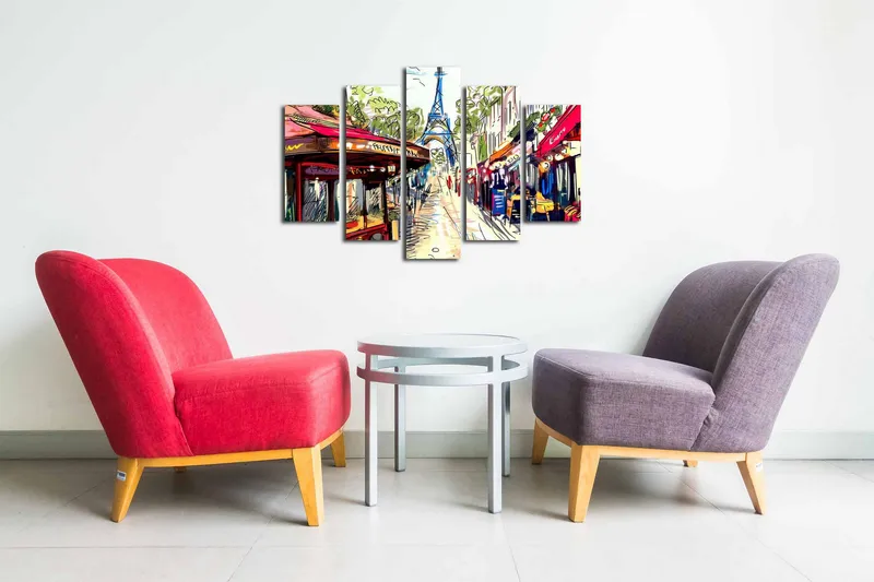 Canvastavla i 5 delar 82x50 cm - Livlig stadsbild med Eiffeltornet i bakgrunden - Röd / Grön / Blå - Inredning - Tavlor & konst - Canvastavlor