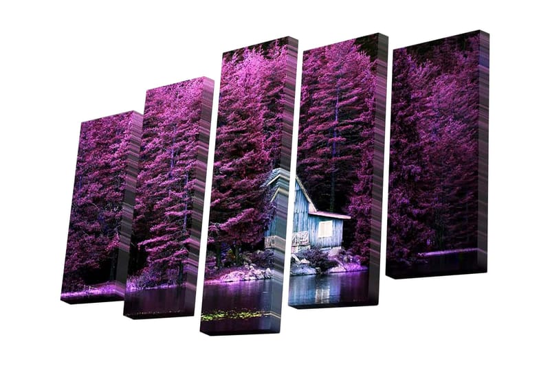 Canvastavla i 5 delar 82x50 cm - Lummig skog med ett ensamt hus vid vattnet - Lila / Blå / Grön - Inredning - Tavlor & konst - Canvastavlor