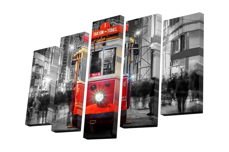 Canvastavla i 5 delar 82x50 cm - Röd spårvagn i en livlig stadsmiljö - Röd / Svart / Grå - Inredning - Tavlor & konst - Canvastavlor