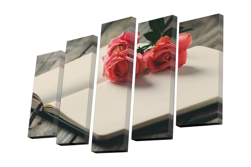 Canvastavla i 5 delar 82x50 cm - Rosa blommor på en öppen bok - Rosa / Beige / Grön - Inredning - Tavlor & konst - Canvastavlor
