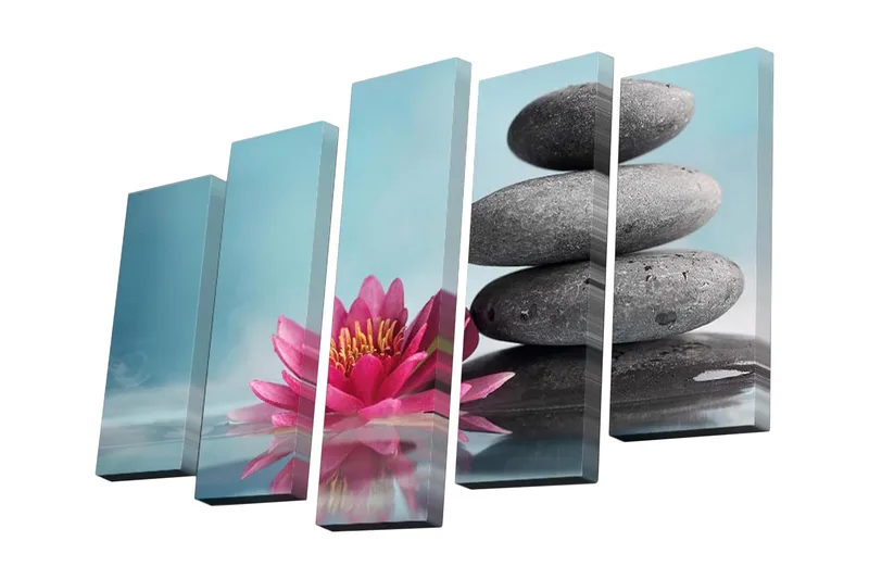 Canvastavla i 5 delar 82x50 cm - Rosa lotusblomma med staplade svarta stenar - Rosa / Svart / Ljusblå - Inredning - Tavlor & konst - Canvastavlor