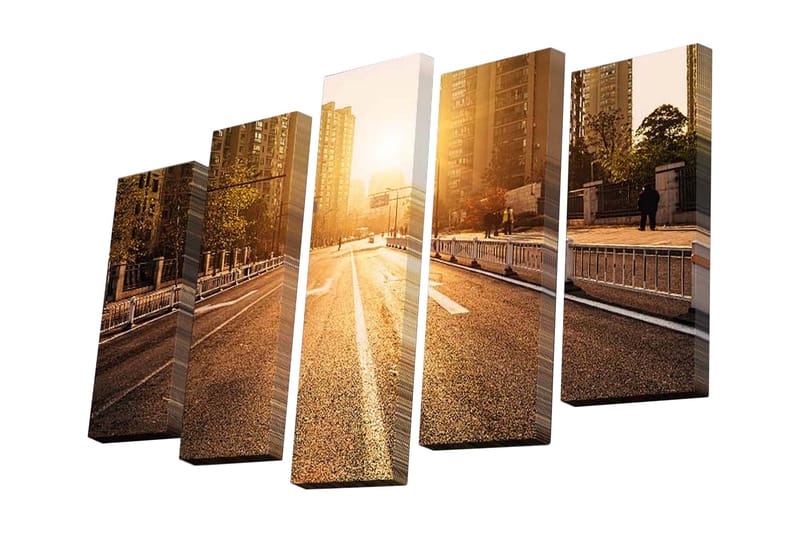 Canvastavla i 5 delar 82x50 cm - Solnedgång över en stadsgata - Guld / Brunt / Grått - Inredning - Tavlor & konst - Canvastavlor