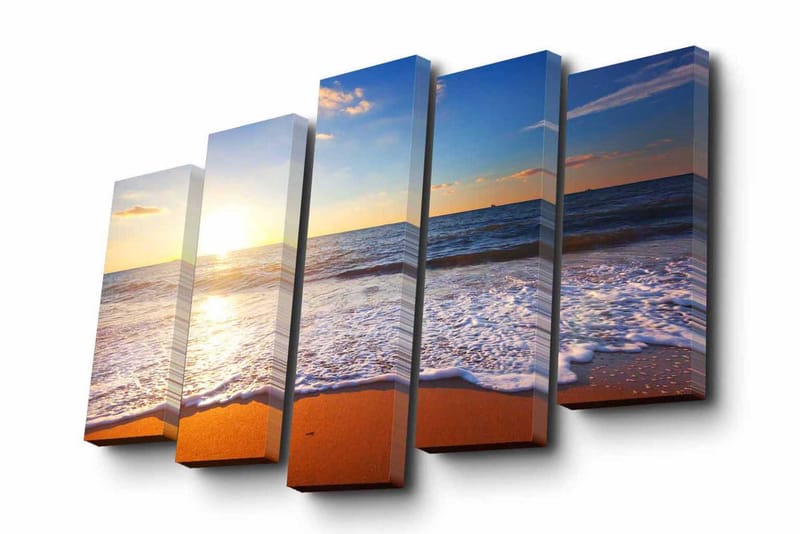 Canvastavla i 5 delar 82x50 cm - Solnedgång över havet med mjuka vågor som rullar in mot stranden - Blå / Orange / Vit - Inredning - Tavlor & konst - Canvastavlor