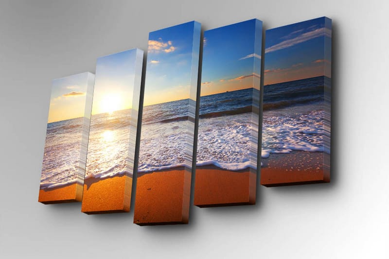 Canvastavla i 5 delar 82x50 cm - Solnedgång över havet med mjuka vågor som rullar in mot stranden - Blå / Orange / Vit - Inredning - Tavlor & konst - Canvastavlor