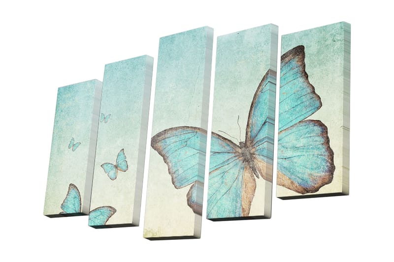 Canvastavla i 5 delar 82x50 cm - Stora fjärilar i olika blå nyanser - Blå / Turkos - Inredning - Tavlor & konst - Canvastavlor