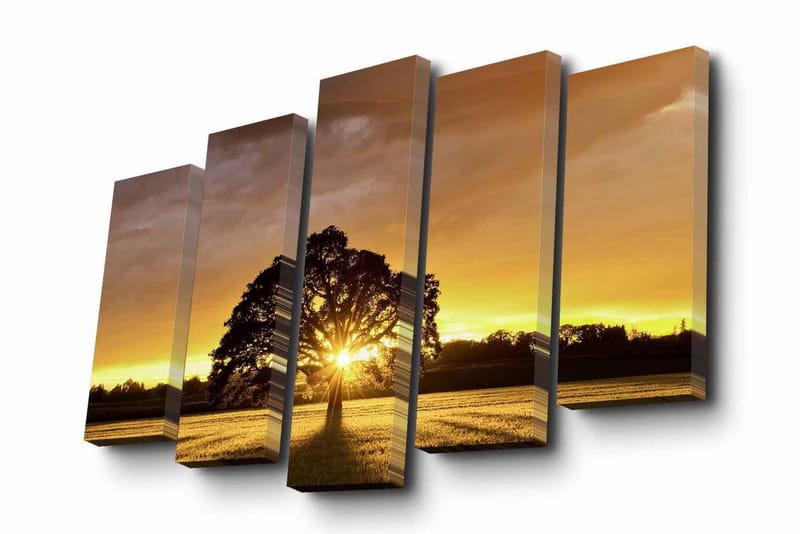 Canvastavla i 5 delar 82x50 cm - Storslagen solnedgång bakom ett ensamt träd - Guld / Orange / Svart - Inredning - Tavlor & konst - Canvastavlor
