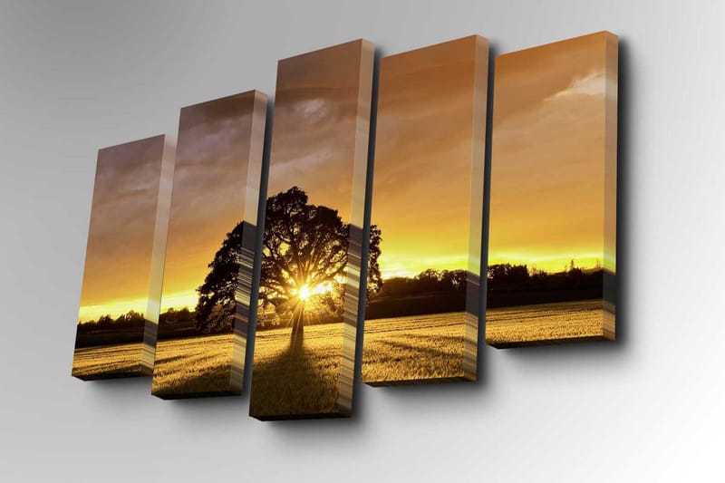 Canvastavla i 5 delar 82x50 cm - Storslagen solnedgång bakom ett ensamt träd - Guld / Orange / Svart - Inredning - Tavlor & konst - Canvastavlor