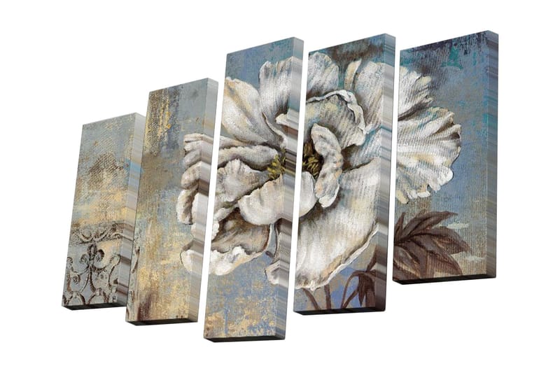 Canvastavla i 5 delar 82x50 cm - Storslagen vit blomma med detaljerade bladverk - Vit / Blå / Beige - Inredning - Tavlor & konst - Canvastavlor