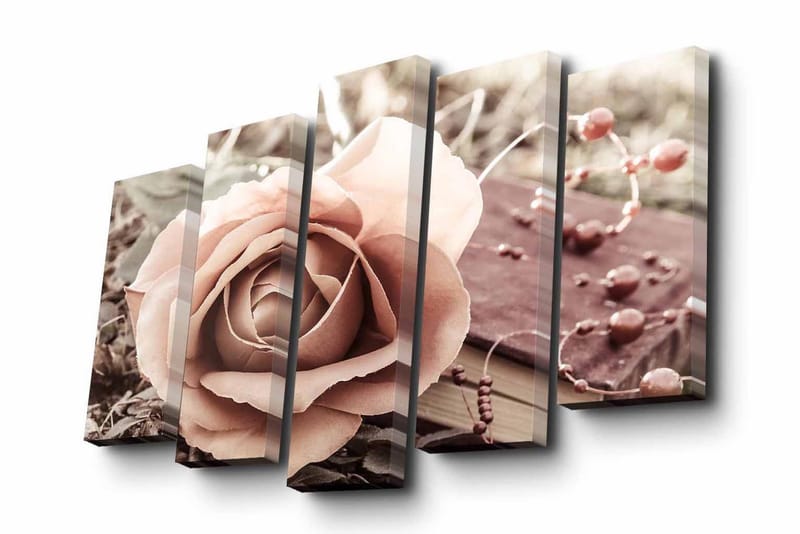 Canvastavla i 5 delar 82x50 cm - Vacker ros i mjuka toner med en bok och dekorativa pärlor i bakgrunden - Ljusrosa / Brun / Beige - Inredning - Tavlor & konst - Canvastavlor