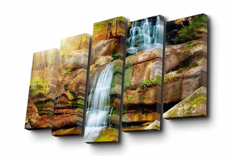 Canvastavla i 5 delar 82x50 cm - Vattenfall som rinner ner för klippor omgivna av höstfärgad vegetation - Grön / Orange / Brun - Inredning - Tavlor & konst - Canvastavlor