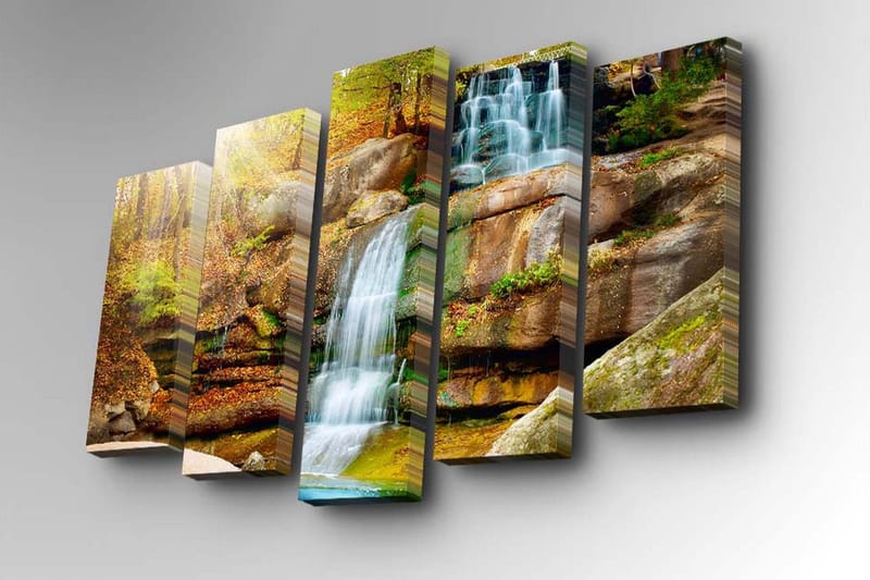 Canvastavla i 5 delar 82x50 cm - Vattenfall som rinner ner för klippor omgivna av höstfärgad vegetation - Grön / Orange / Brun - Inredning - Tavlor & konst - Canvastavlor