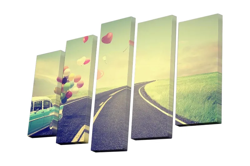Canvastavla i 5 delar 82x50 cm - Vintage bil på en kurvig väg med färgglada ballonger som sväva i luften - Grön / Blå / Rosa - Inredning - Tavlor & konst - Canvastavlor