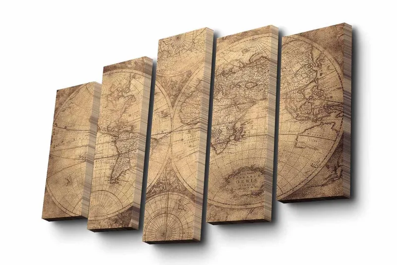 Canvastavla i 5 delar 82x50 cm - Vintage världskarta med detaljerade konturer och koordinater - Beige / Brun - Inredning - Tavlor & konst - Canvastavlor