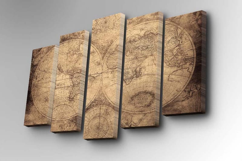 Canvastavla i 5 delar 82x50 cm - Vintage världskarta med detaljerade konturer och koordinater - Beige / Brun - Inredning - Tavlor & konst - Canvastavlor