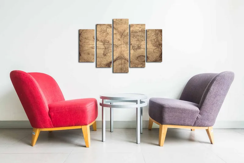 Canvastavla i 5 delar 82x50 cm - Vintage världskarta med detaljerade konturer och koordinater - Beige / Brun - Inredning - Tavlor & konst - Canvastavlor