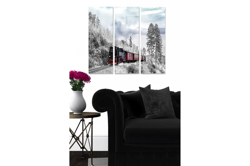 Canvastavla i trä 3-delar 50x70 cm - Ångtåg som passerar genom en vintrig skogsmiljö, Svart / Röd / Grå